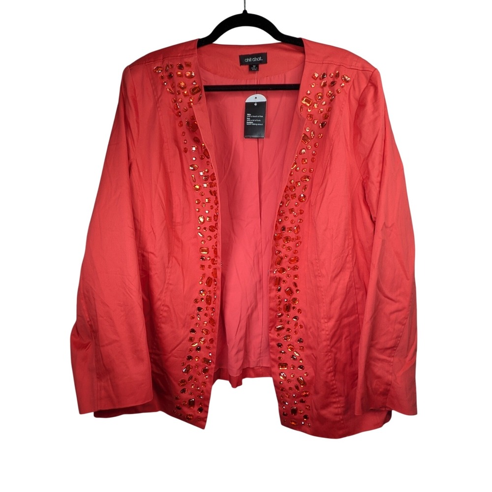 Chit Chat Womens Blazer Open Front 1X NWT Jacket Rhinestone Embellished Cotton